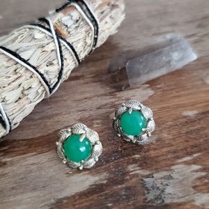 vintage green leaf nature plant hippie boho gemstone stud earrings